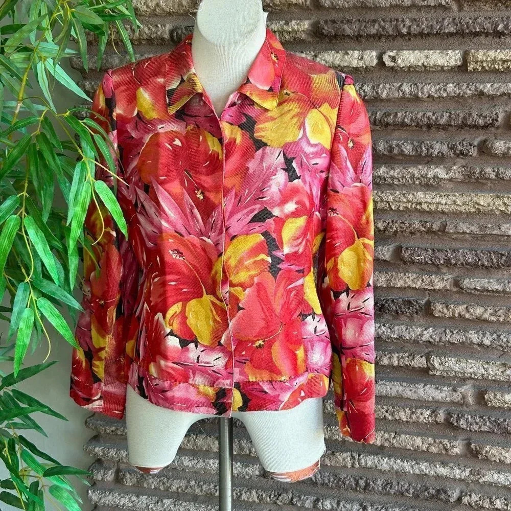 Doncaster Pink Colorful Floral Silk Linen Blazer Trucker Jacket